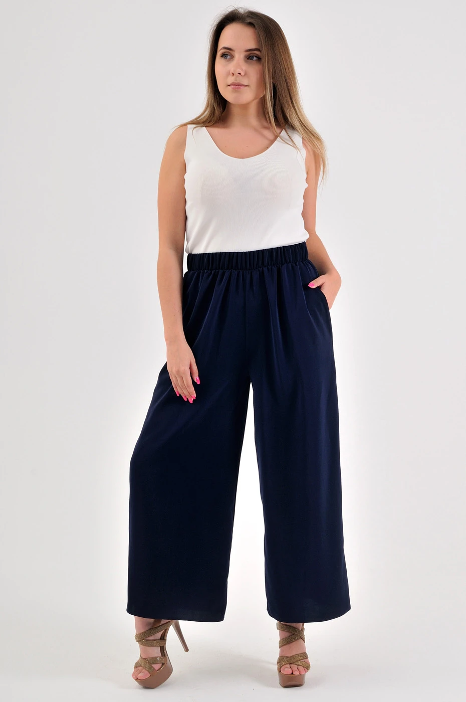 Широкі штани кюлоти з креп-шовку на гумці темно-сині Sigma