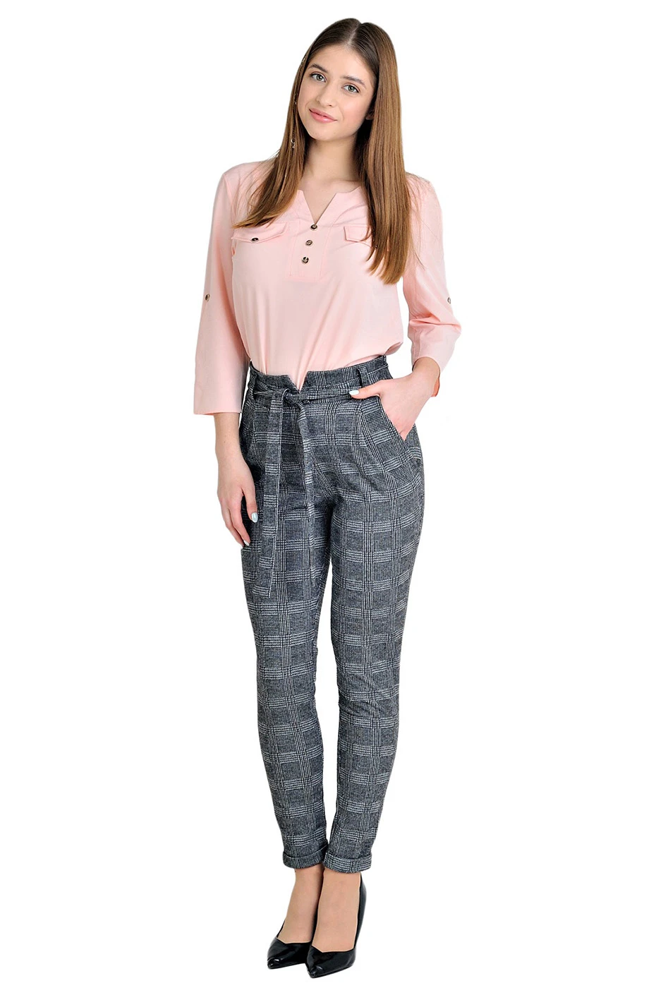 Трикотажні штани довжиною 7/8 з поясом у сіру клітку