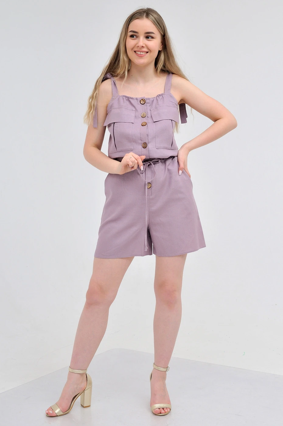 Однотонний комбінезон-шорти з льону Max Mara ліловий Korsika
