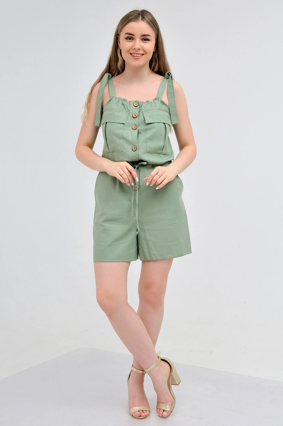 Однотонний комбінезон-шорти з льону Max Mara оливкового кольору Korsika