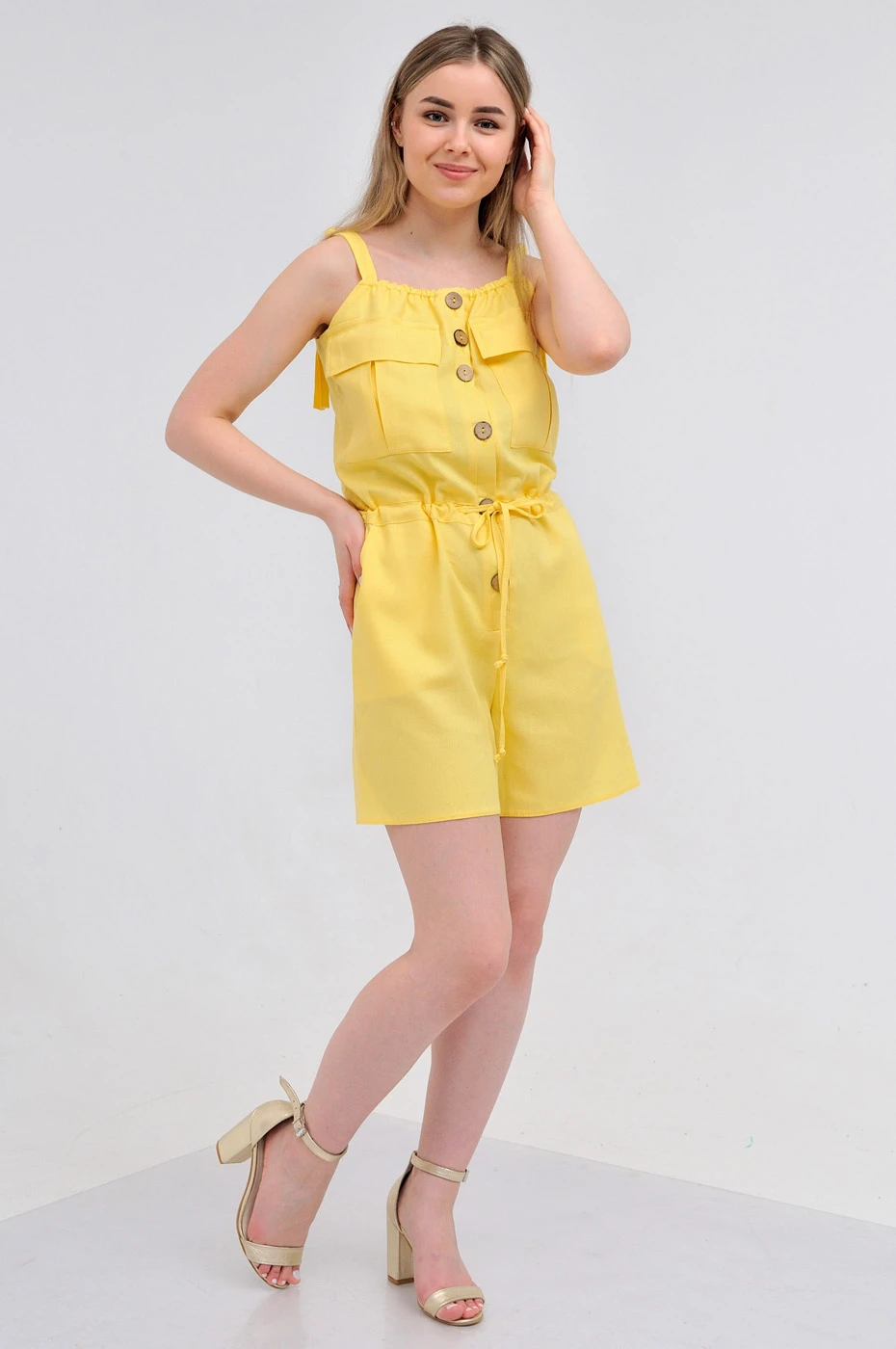 Однотонний комбінезон-шорти з льону Max Mara жовтий Korsika