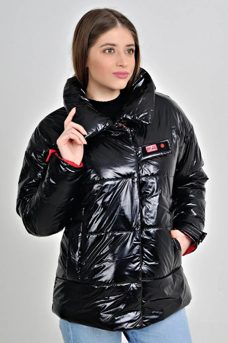 Чорна куртка з червоною підкладкою демісезонна з плащової тканини Moncler на блискавці та липучках