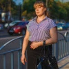 Жіноча сорочка з коротким рукавом в темно-синю смужку Nika