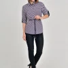 Пудровая сорочка в шашковий принт з регульованим 3/4 рукавом з супер софта